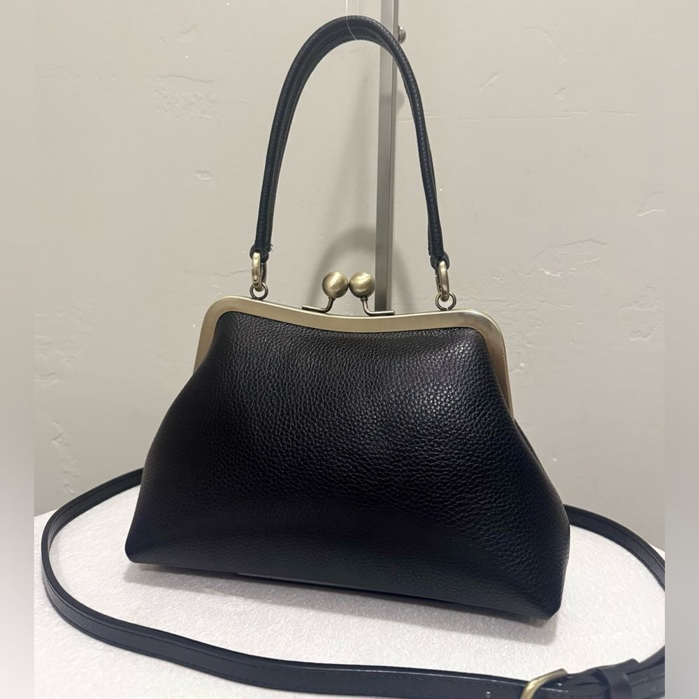 Black Pebble Cowhide Handmade Retro Style Kisslock Frame Bag, Multi Use Style